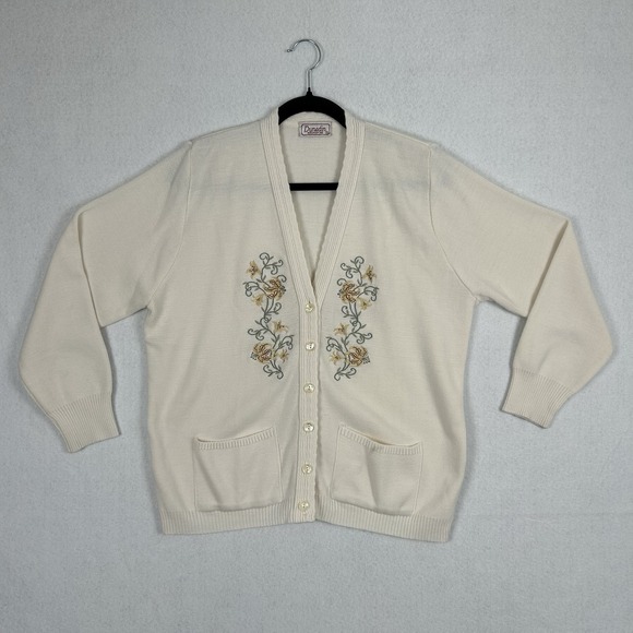 Vintage Dunedin Scotland Embroidered Button Sweater Cardigan Ivory Sz M Cottage - Picture 1 of 8